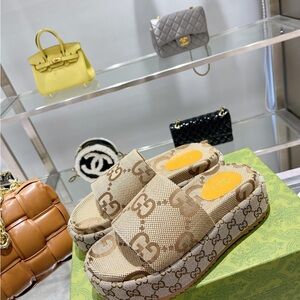 Gucci Beige Monogram Platform Sandals